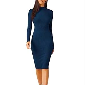 Navy blue bodycon ribbed midi sweater dress